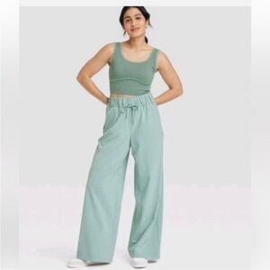ALL IN MOTION GREEN WOVEN HIGH RISE SEERSUCKER WIDE LEG PANTS